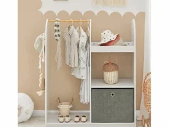 Sobuy Burro Para Ropa|Armario Infantil con 3 Ganchos, 1 Cesta y 1 Percha Mueble Organizador Juguetes y Ropa 97 x 35 x 108 cm KMB40-W ES