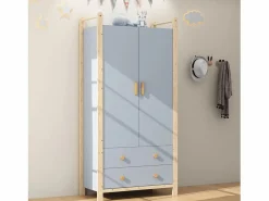 ModernLuxe Muebles Niño|Armario infantil 89.6x44x180.5 cm - 2 cajones y 2 puertas - 1 barra para colgar ropa - estructura de pino - + natural