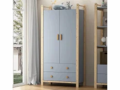 ModernLuxe Muebles Niño|Armario infantil 89.6x44x180.5 cm - 2 cajones y 2 puertas - 1 barra para colgar ropa - estructura de pino - + natural