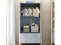 ModernLuxe Muebles Niño|Armario infantil 89.6x44x180.5 cm - 2 cajones y 2 puertas - 1 barra para colgar ropa - estructura de pino - + natural