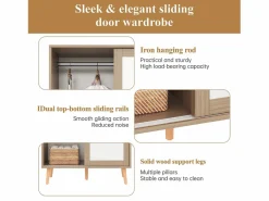ModernLuxe Armario infantil 80x46x141.5 cm - con barra para colgar ropa - 2 puertas correderas - patas de madera maciza - natural Color natural claro Sale