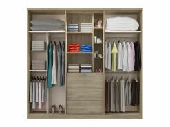 Vente-unique Armario|Armario ISAK - 4 puertas, espejo y cajones - L240cm - Roble