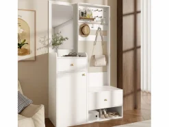 Merax Armario De Entrada|Armario moderno - 105 x 38 x 180 cm - con espejo + ganchos ajustables + 1 puerta + 2 cajones + banco - aglomerado -