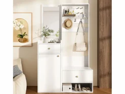 Merax Armario De Entrada|Armario moderno - 105 x 38 x 180 cm - con espejo + ganchos ajustables + 1 puerta + 2 cajones + banco - aglomerado -