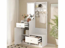 Merax Armario De Entrada|Armario moderno - 105 x 38 x 180 cm - con espejo + ganchos ajustables + 1 puerta + 2 cajones + banco - aglomerado -