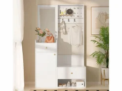 Merax Armario De Entrada|Armario moderno - 105 x 38 x 180 cm - con espejo + ganchos ajustables + 1 puerta + 2 cajones + banco - aglomerado -