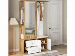 Armario multifunción con espejo, zapatero, banco de almacenaje y perchero extensible, y Madera (100x38x180 cm)^ Best