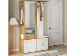 Armario multifunción con espejo, zapatero, banco de almacenaje y perchero extensible, y Madera (100x38x180 cm)^ Best