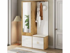 Armario multifunción con espejo, zapatero, banco de almacenaje y perchero extensible, y Madera (100x38x180 cm)^ Best