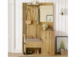 Hauss Spole Armario natural con 2 puertas, espejo, paragüero y banco zapatero, multifuncional 115 x 37 x 185 Color natural claro New