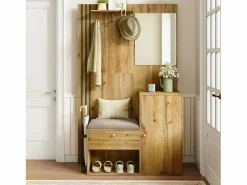 Hauss Spole Armario natural con 2 puertas, espejo, paragüero y banco zapatero, multifuncional 115 x 37 x 185 Color natural claro New