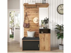 Armario negro y madera con espejo, 2 puertas, banqueta y 4 ganchos 105x40x191,5cm^Hauss Spole Hot