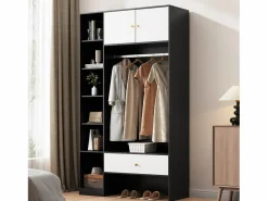ModernLuxe Armario 105x40x185 cm - con 1 cajón y 2 puertas - con barra para colgar ropa y compartimentos de almacenamiento abiertos - Blanco + Negro Negro / Blanco Outlet