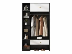 ModernLuxe Armario 105x40x185 cm - con 1 cajón y 2 puertas - con barra para colgar ropa y compartimentos de almacenamiento abiertos - Blanco + Negro Negro / Blanco Outlet
