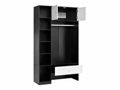 ModernLuxe Armario 105x40x185 cm - con 1 cajón y 2 puertas - con barra para colgar ropa y compartimentos de almacenamiento abiertos - Blanco + Negro Negro / Blanco Outlet