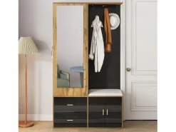 Armario 100x38x108.1 cm - Con espejo - Con zapatero - Con ganchos y perchas retráctiles - Negro + Natural^ModernLuxe
