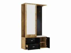 Armario 100x38x108.1 cm - Con espejo - Con zapatero - Con ganchos y perchas retráctiles - Negro + Natural^ModernLuxe