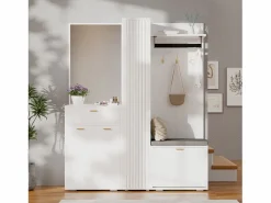 Merax Armario/perchero - 150 x 36 x 180 cm - con banco zapatero + mueble de almacenaje + espejo + cajones - aglomerado - Blanco Hot