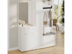 Merax Armario/perchero - 150 x 36 x 180 cm - con banco zapatero + mueble de almacenaje + espejo + cajones - aglomerado - Blanco Hot