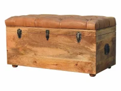 Artisan Furniture Madera maciza Baúl de almacenamiento estilo roble con piel de búfalo Marru00f3n Online