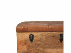 Artisan Furniture Madera maciza Baúl de almacenamiento estilo roble con piel de búfalo Marru00f3n Online