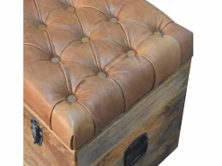 Artisan Furniture Madera maciza Baúl de almacenamiento estilo roble con piel de búfalo Marru00f3n Online