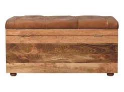 Artisan Furniture Madera maciza Baúl de almacenamiento estilo roble con piel de búfalo Marru00f3n Online