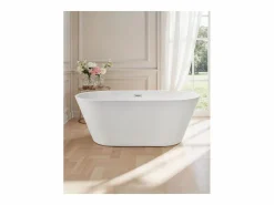 Bañera Exenta|Bañera Autoportante SucceBuy en Acrílico, Bañera Isla Moderna y Elegante, 150x75 cm, Gran Capacidad 230 L, con Rebosadero y Desagüe en Níquel Cepillado