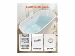 Bañera Exenta|Bañera Autoportante SucceBuy en Acrílico, Bañera Isla Moderna y Elegante, 150x75 cm, Gran Capacidad 230 L, con Rebosadero y Desagüe en Níquel Cepillado