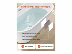 Bañera Exenta|Bañera Autoportante SucceBuy en Acrílico, Bañera Isla Moderna y Elegante, 150x75 cm, Gran Capacidad 230 L, con Rebosadero y Desagüe en Níquel Cepillado