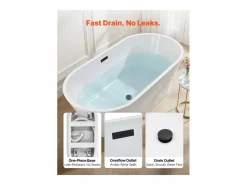 Bañera Autoportante SucceBuy en Acrílico, Bañera Isla Moderna Blanca 150x75 cm, Gran Capacidad 230 L, con Rebosadero y Desagüe Negro Mate, Cuarto de Baño^ Outlet