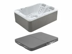 VOGUE SPA Bañera De Hidromasaje De Exterior|Bañera de hidromasaje de 3 plazas perlado con cubierta, 65 chorros, Ancho 210 x Prof. 158 x Alt. 73 cm, motor BALBOA, FIDJI