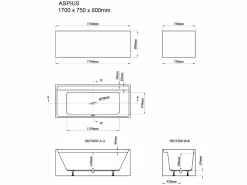 Bañera exenta rectangular - 280 L - 170 x 75 x 60 cm - - Acrílico - ASPIUS^Shower & Design