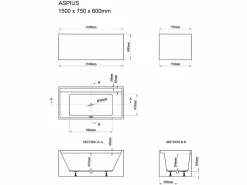 Bañera exenta rectangular - 232 L - 150 x 75 x 60 cm - - Acrílico - ASPIUS^Shower & Design Best
