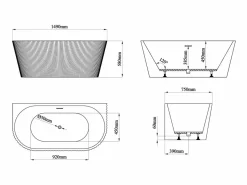 Shower & Design Bañera Semi Exenta|Bañera semi-exenta estriada de acrílico blanca, 206L, 149 x 75 x 58 cm, ZELINA
