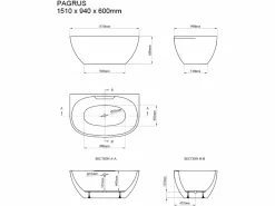 Bañera semi-exenta ovalado - 197 L - 151 x 94 x 60 cm - - Acrílico - PAGRUS^Shower & Design Clearance