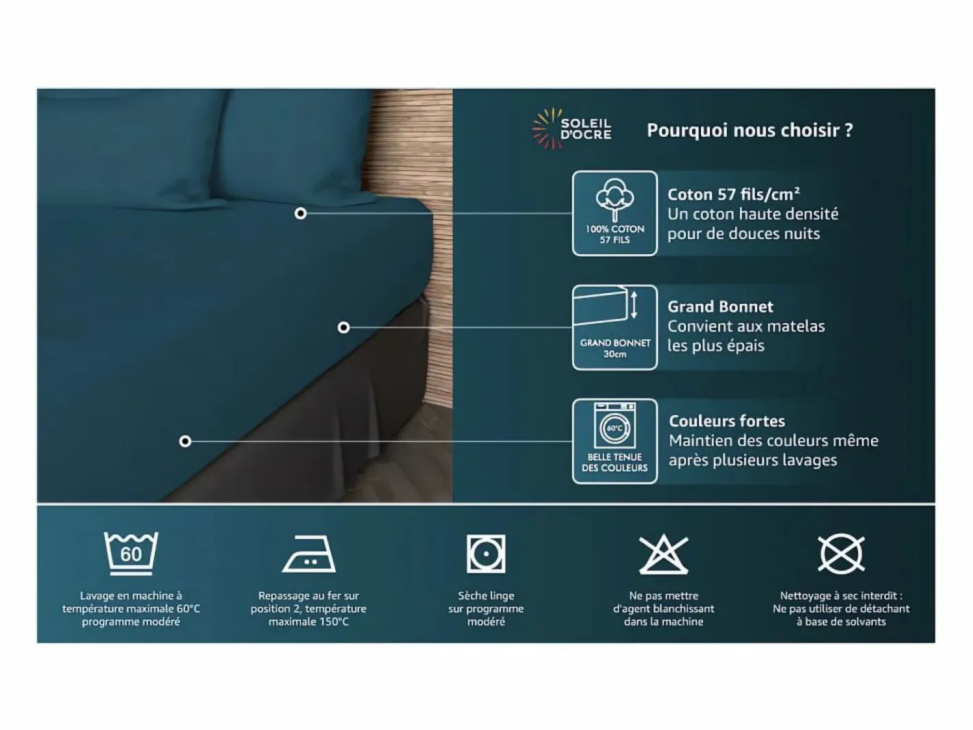 Bajera ajustable de algodón 57 hilos 160x200 cm LISO^Soleil d'ocre Discount