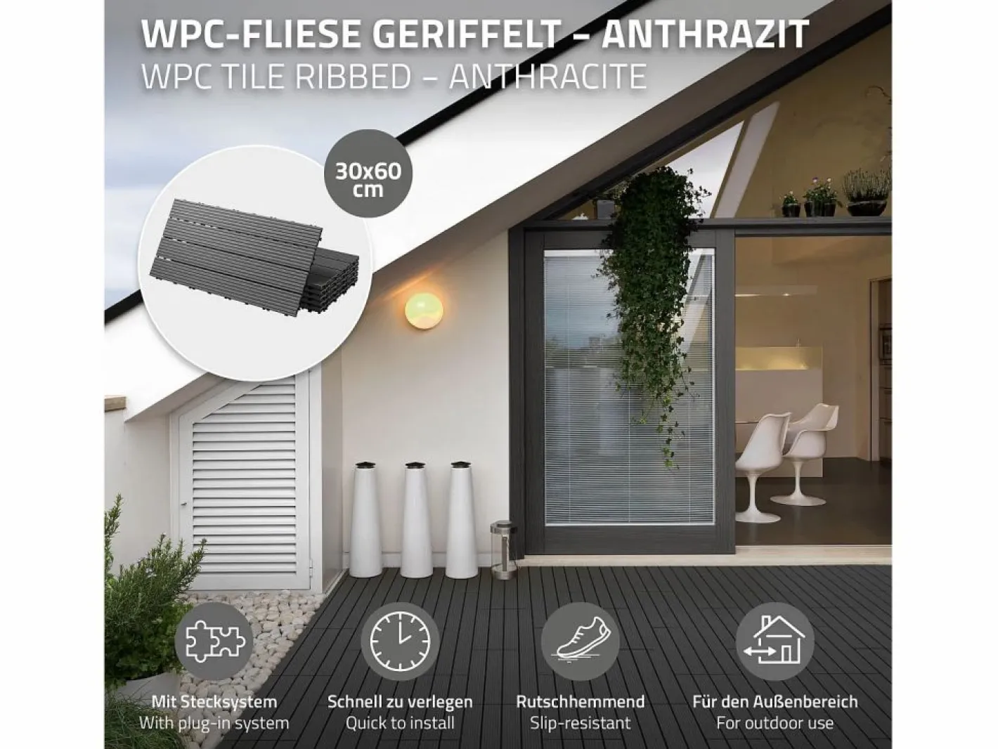 ECD Germany Terraza|Baldosas de WPC para terrazas 60x30 cm - 30 piezas por 5m²
