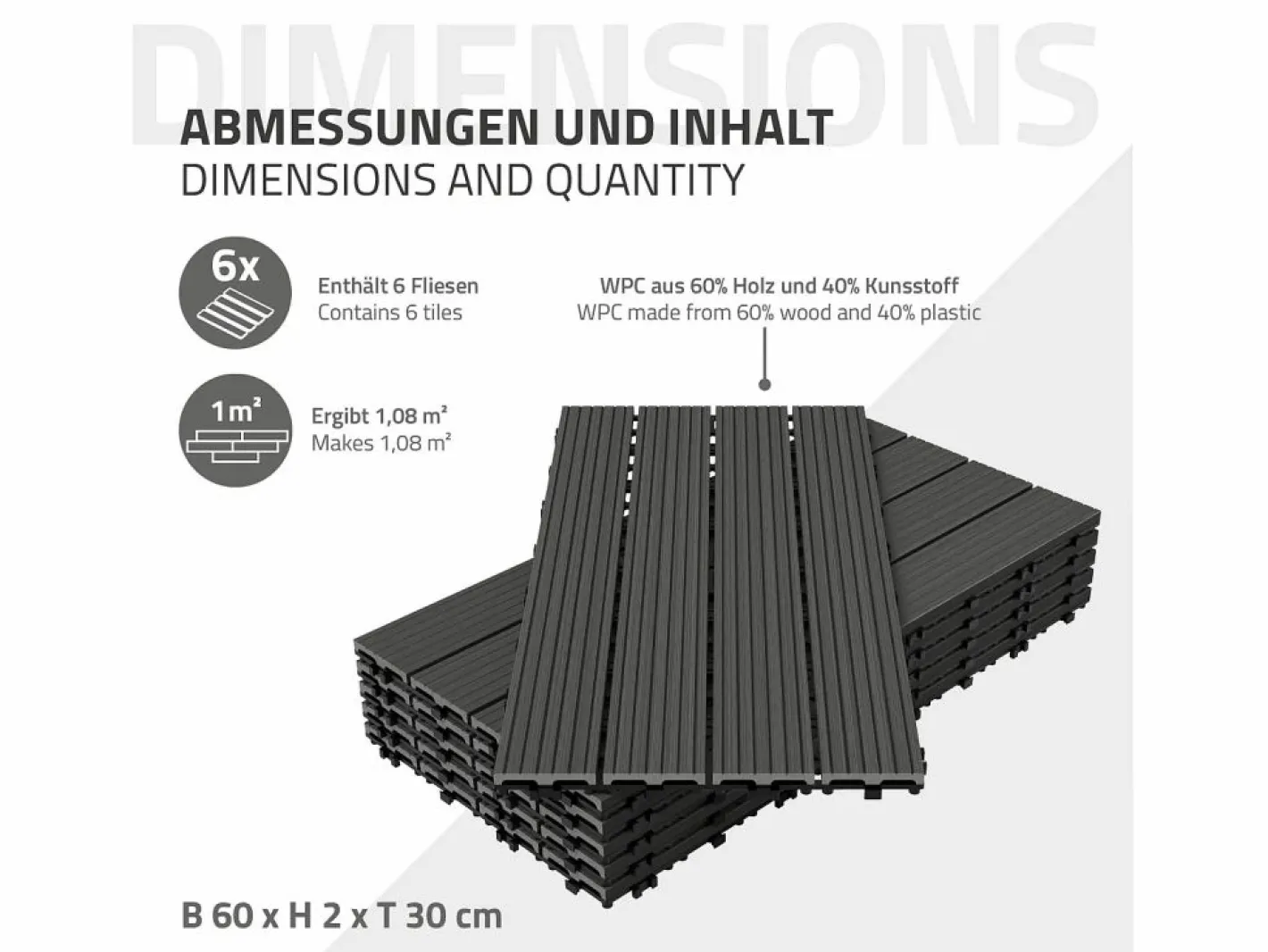 ECD Germany Terraza|Baldosas de WPC para terrazas 60x30 cm - 30 piezas por 5m²