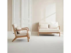 Sweeek Banco de 2 plazas + sillón de madera con borreguito Crema
