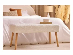 Miliboo Banco nórdico capitoné de borreguillo y madera clara 96 cm GUESTA Blanco Outlet