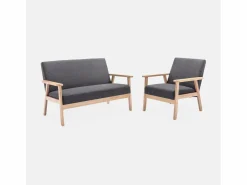 Sweeek Conjunto Sofás|Banco y sillón de madera y tela, 3 plazas oscuro