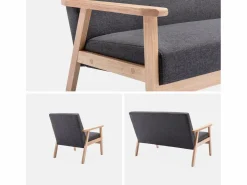 Sweeek Conjunto Sofás|Banco y sillón de madera y tela, 3 plazas oscuro