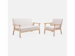 Sweeek Conjunto Sofás|Banco y sillón de madera y tela, 3 plazas