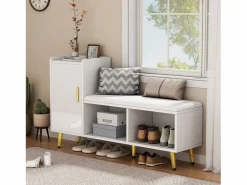 Merax Zapatero|Mueble De Almacenaje|Banco zapatero con 1 puerta, 2 nichos y cojín - patas y tiradores de metal dorado - - 120 x 35 x 68,5 cm