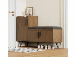Banco zapatero de 100 cm, 3 puertas, asiento acolchado, almacenaje multinivel, tiradores asimétricos^OKWISH
