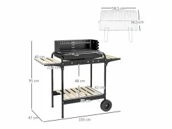 Barbacoa de carbón con ahumador, parrilla regulable, estante de madera, carro móvil de acero (103x47x95cm) Negro Hot