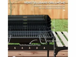 Barbacoa de carbón con ahumador, parrilla regulable, estante de madera, carro móvil de acero (103x47x95cm) Negro Hot