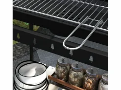 Barbacoa de carbón con ahumador, parrilla regulable, estante de madera, carro móvil de acero (103x47x95cm) Negro Hot