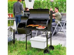 Barbacoa de carbón con ahumador, de acero, 109x60x120 cm, con tapa, termómetro, ruedas y ventilación^ Online